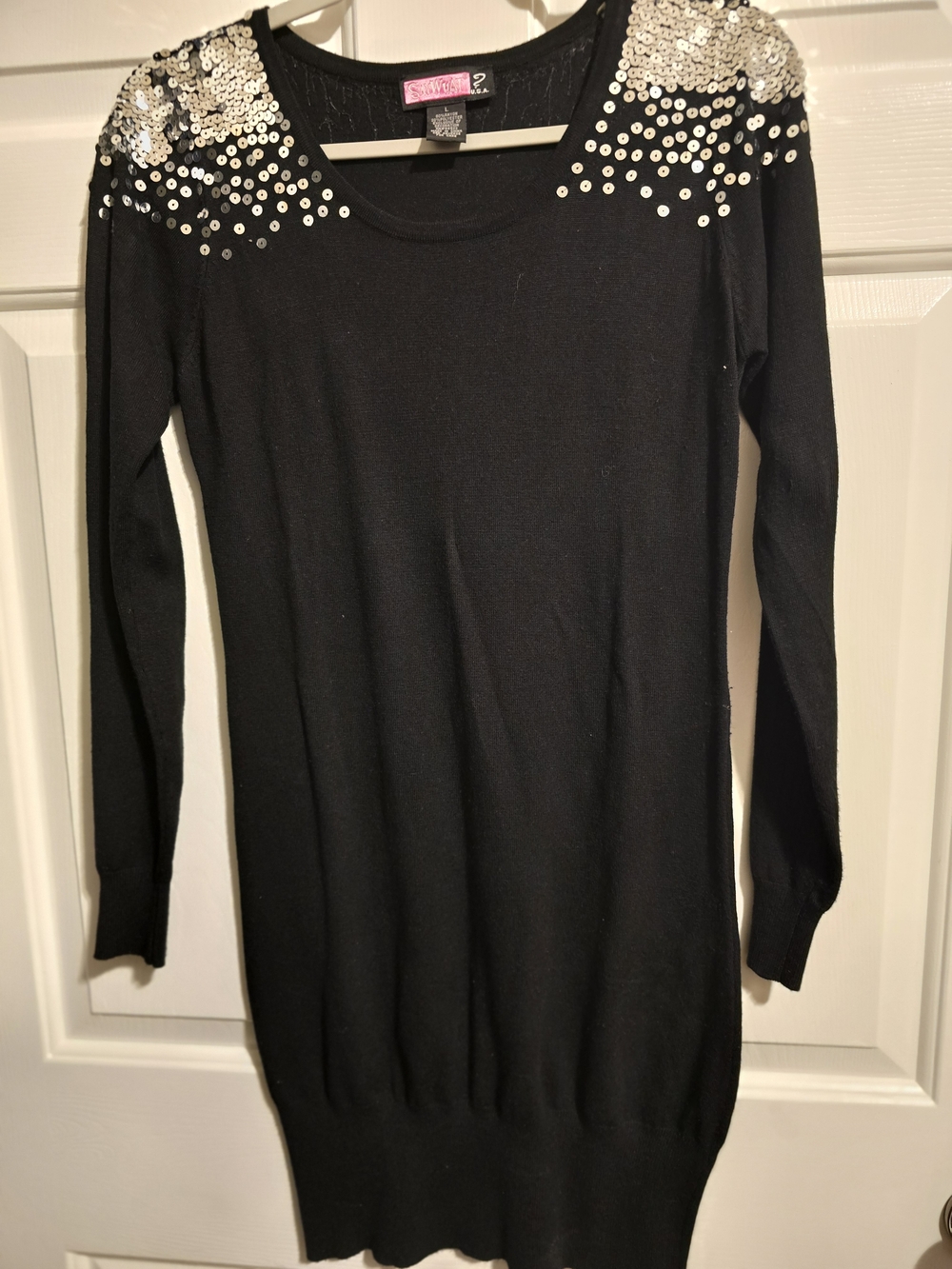 Say What? Black Midi Sweater Dress with Silver Sequin Shoulders Sz L